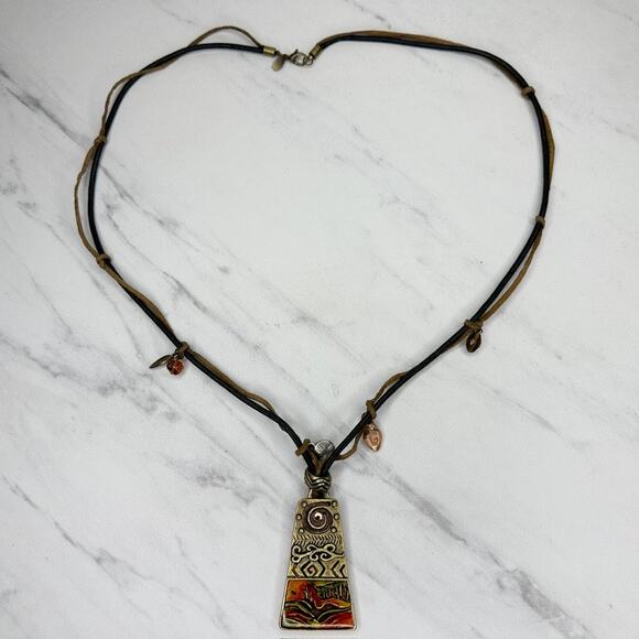 Vintage Chico's Boho Geometric Pendant Leather Cord Statement Necklace ✨ - Picture 2 of 10